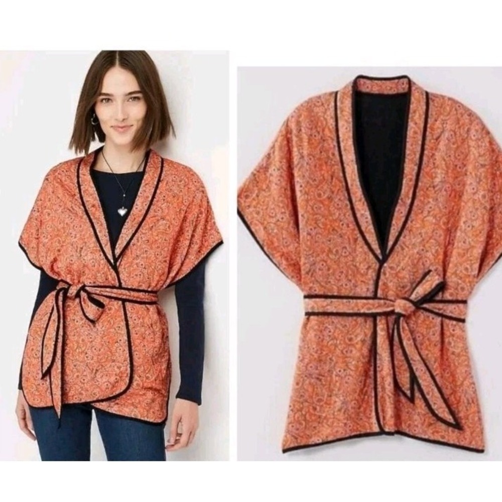 J Jill‎ Sz S-L Belted Quilted Ruana Kimono Jacket Sunset Carefree Paisley Boho